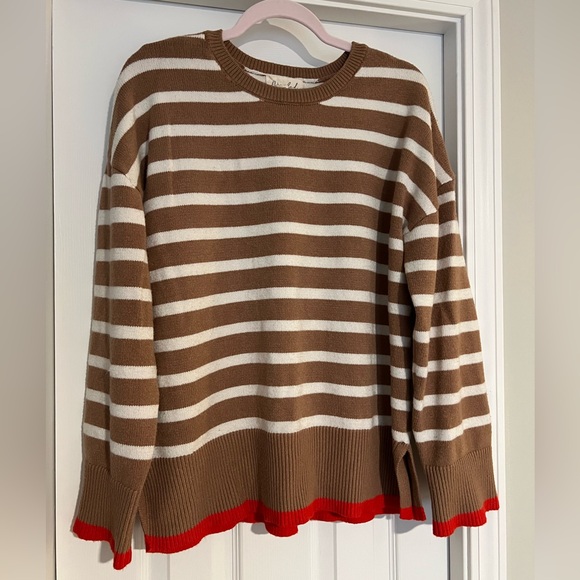 Marled Sweaters - Marled Tan and White Striped Sweater